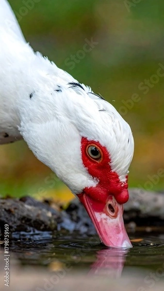 Fototapeta Close-up of a white bird with red facial markings, drinking water