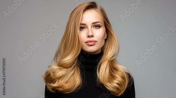Fototapeta Elegant and Confident Young Woman with Long, Flowing Blonde Hair Posing Gracefully Against a Soft Gray Background in a Fashionable Black Turtleneck Sweater