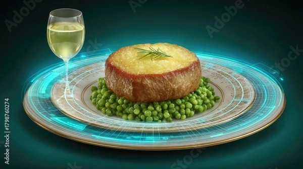 Fototapeta Gourmet dish featuring a beautifully presented meat loaf topped with melted cheese, served on a bed of fresh green peas and accompanied by a glass of white wine in a futuristic setting.