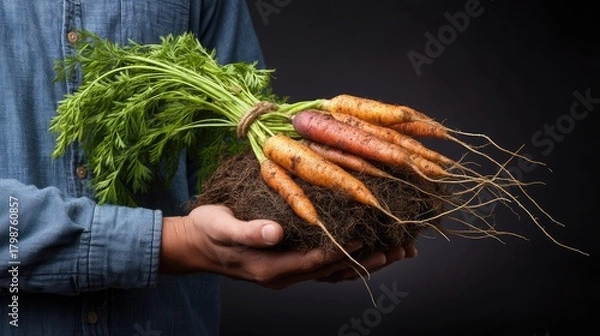 Obraz Freshly Harvested Carrots with Green Tops Held by Hands Against a Dark Background, Showcasing Natural Produce and Organic Farming Practices