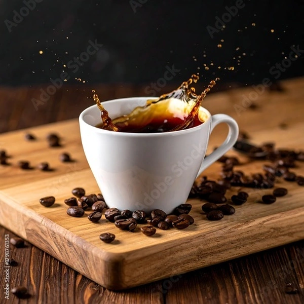 Fototapeta Close-up of coffee splashing out of a white cup on a wooden board