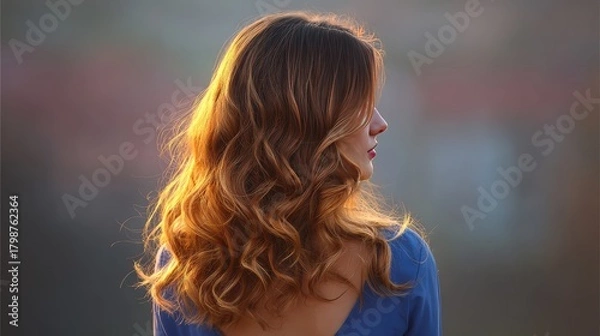 Obraz Beautiful Woman with Flowing Wavy Hair Backlit by Warm Sunset Light, Capturing a Serene Moment in Nature's Embrace with Soft Bokeh Background Effects