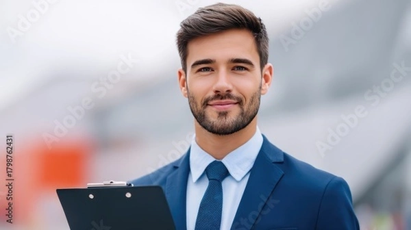 Obraz Confident young businessman in a suit holding a clipboard while standing outdoors with a modern building background, showcasing professionalism and determination.