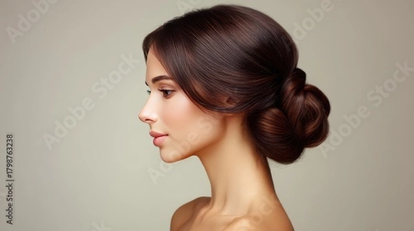 Obraz Elegant Profile Portrait of a Woman with Smooth Brown Hair in a Perfectly Styled Bun Against a Neutral Background Showcasing Beauty and Grace