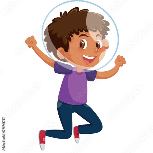 Fototapeta Joyful young boy in purple shirt blue jeans and red sneakers jumping with arms raised wearing a transparent bubble helmet with a smiling expression and excitement on his face