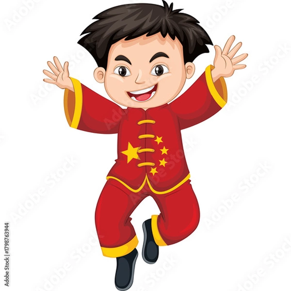 Fototapeta Joyful Young Boy In Traditional Red Chinese Outfit With Golden Stars And Trim Joyfully Jumping With Arms Raised On A White Background