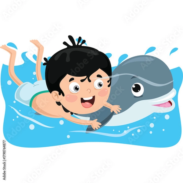 Fototapeta Joyful Young Boy Swimming Alongside Dolphin in Clear Blue Water on Transparent Background with Water Splashes