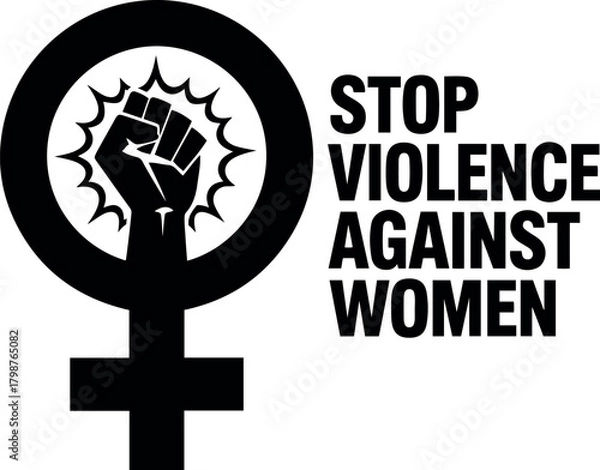 Fototapeta Vector black feminist symbol with raised fist and stop violence against women text on a transparent background