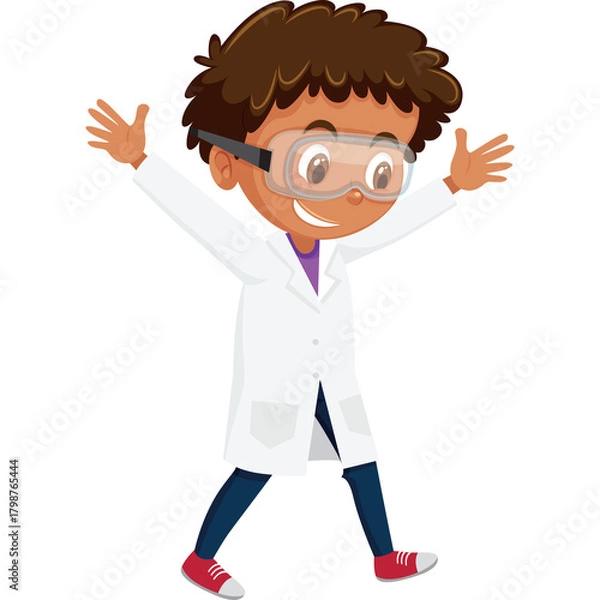 Fototapeta Joyful young boy wearing a white lab coat and safety goggles with arms outstretched in a fun pose isolated on a transparent background celebrating science and discovery with enthusiasm
