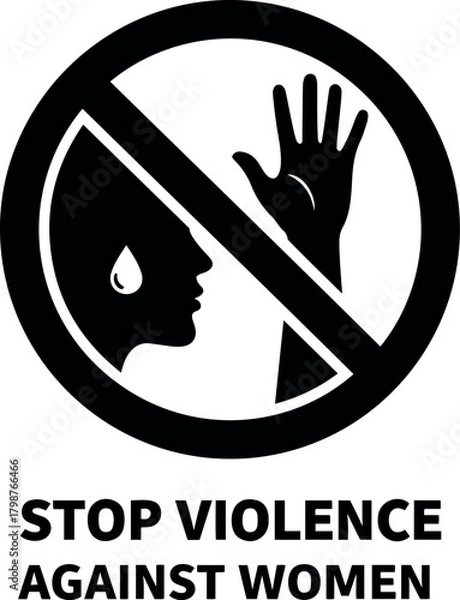 Fototapeta Vector illustration of a prohibition sign featuring a woman's face with a tear and a raised hand inside