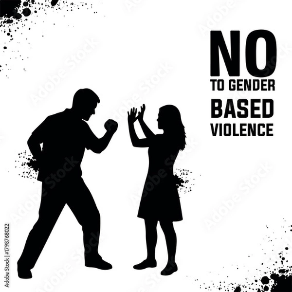 Fototapeta Vector silhouette of a man raising his fist towards a woman with text no to gender based violence shown