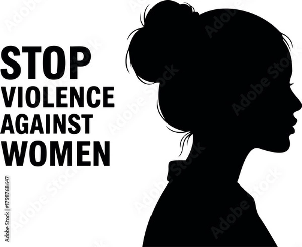 Fototapeta Vector silhouette profile of a woman with a bun and the text stop violence against women in bold letters