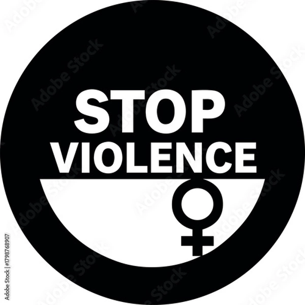Fototapeta Vector stop violence against women symbol in a black circle with white text and female gender symbol sign
