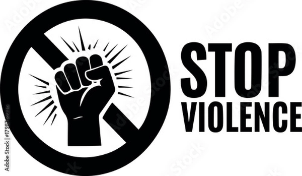 Obraz Vector stop violence symbol featuring a fist inside a prohibition sign with rays in a black and white design