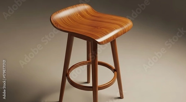 Fototapeta A beautifully crafted wooden bar stool with a curved seat and four legs connected by a circular footrest, presented in a studio setting.