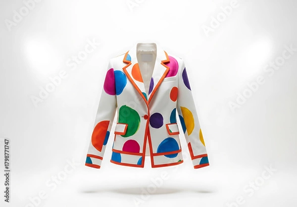 Obraz A white blazer adorned with colorful polka dots, presented on a mannequin against a bright white background with spotlight effects