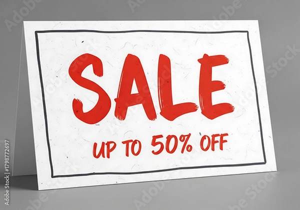 Obraz Handdrawn sign announcing a sale with the text sale up to 50% off in bold red lettering on a textured white background, isolated on white background