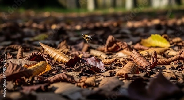 Fototapeta Autumn leaves carpet the ground in a close-up shot, showcasing the textures and colors of fallen foliage.