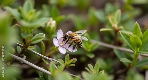 Fototapeta Bee collecting nectar from a small pink flower in a garden.