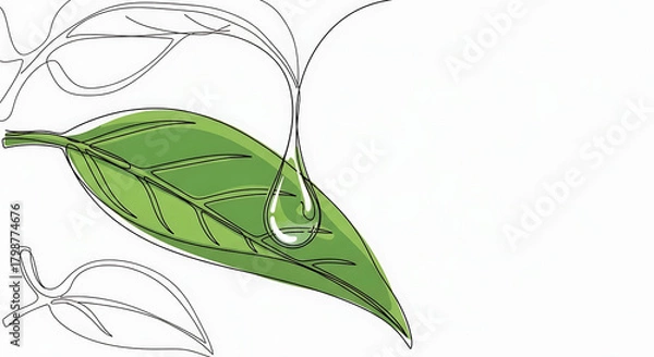 Obraz A single green leaf with a water droplet falling onto it, with sketched branches in the background, isolated on white background