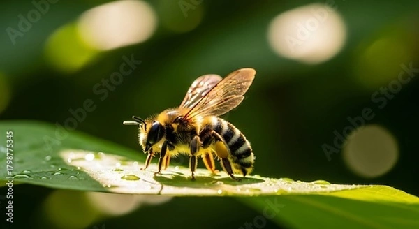 Fototapeta Close up of a bee on a leaf with water droplets.