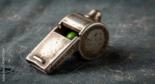 Fototapeta Close up of a vintage metal whistle with a green pea inside on a dark textured background.