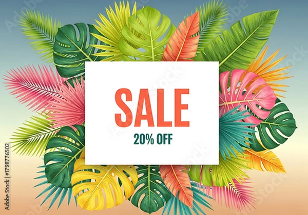 Obraz Tropical leaves frame a white square with sale 20% off text, suggesting a summer discount or promotion with vibrant foliage