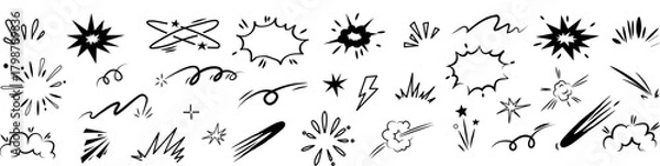 Fototapeta Hand drawn Comic cartoon line explosive effect, speed burst motion element set. Vector illustration graphics set