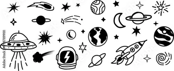 Fototapeta Hand drawn space theme vector illustration set with UFOs, rockets, planets, stars, comets, and astronauts in a doodle art style. 