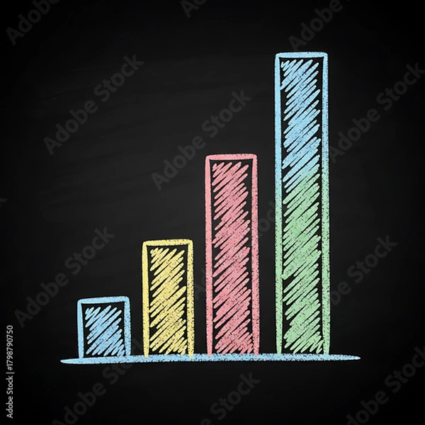 Fototapeta Chalk Drawing of Bar Graph on Blackboard for Business Data Analysis, Hand-Drawn Colorful Chart Illustrating Financial Growth and Progress, financial data analysis, education, progress visualization.