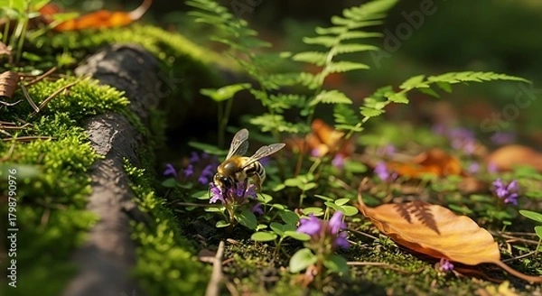 Fototapeta Bee collecting nectar from a small purple flower in a mossy forest setting.