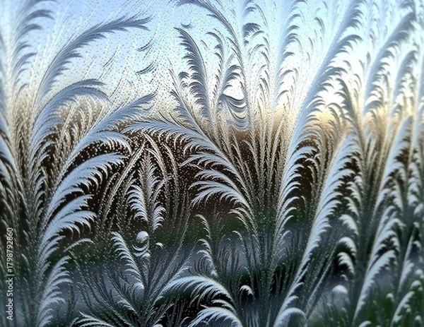 Fototapeta Frosted Window Glass with Intricate Ice Patterns at Sunrise