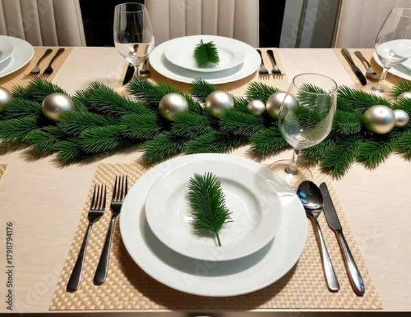 Fototapeta Elegant Christmas Table Setting with Greenery and Ornaments
