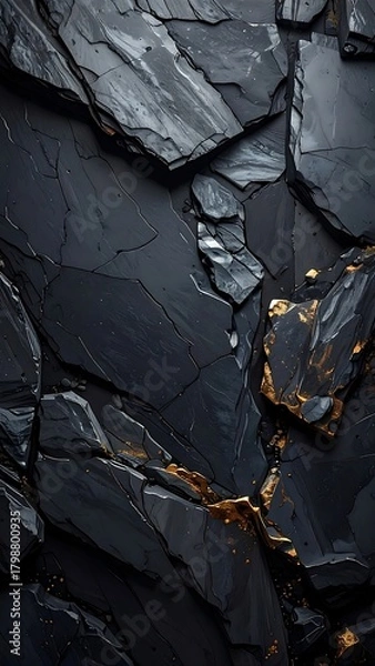 Obraz Close-up shot shows fractured dark slate rock face with fine gold veins and rough texture