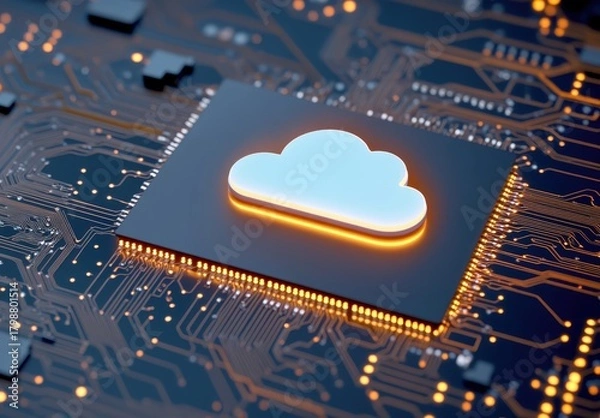 Obraz Modern Circuit Board with Cloud Icon and Glowing Elements