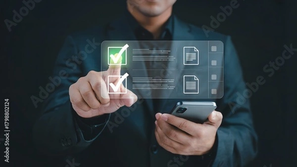 Fototapeta A businessman in a dark suit interacting with a glowing digital interface showing a green checkmark and task icons while holding a smartphone