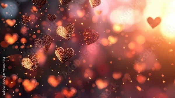 Fototapeta Glittering Hearts Floating in Colorful Bokeh at Sunset