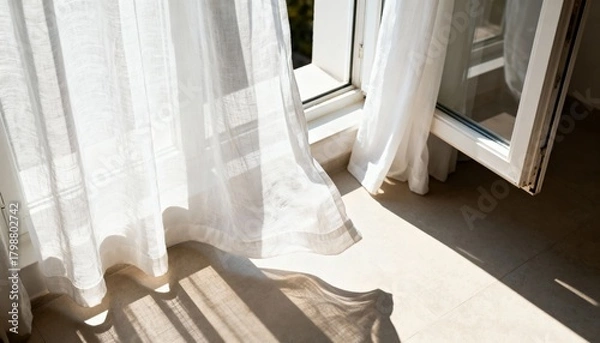 Obraz Sunlit curtains gently moving in breeze over floor, soft midday light, photorealistic style