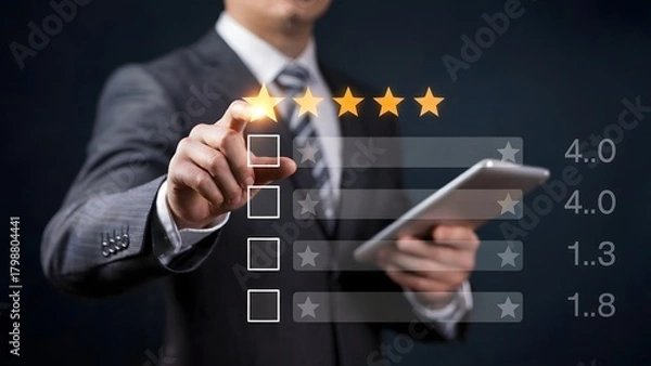 Fototapeta A businessman in a dark suit interacting with a glowing digital interface showing five-star ratings and numerical review scores in a dark workspace
