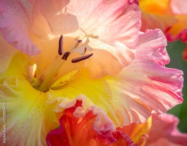 Obraz Close-up showing pink, orange, and yellow gladiolus petals illuminated by bright sunlight