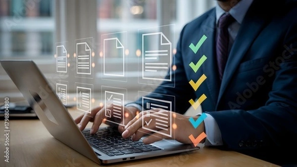 Fototapeta A businessman in a suit typing on a laptop with glowing digital overlays showing documents and multicolored checkmarks in a modern office workspace