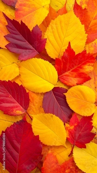 Obraz Close-up shows a colorful arrangement of autumn leaves in shades of red and yellow