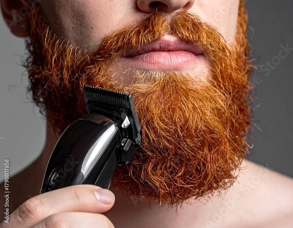Obraz Close-up shows a man trimming his vibrant, bushy, red beard with an electric trimmer