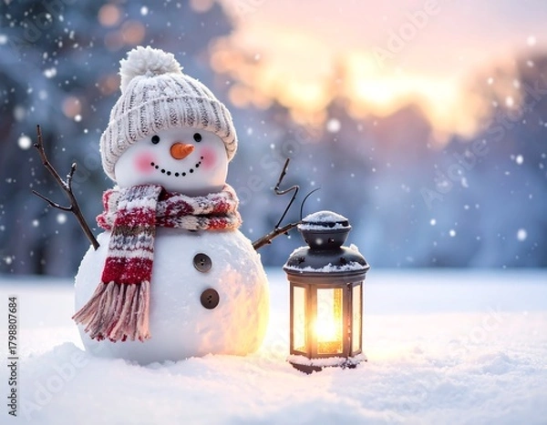 Fototapeta A charming snowman, wearing a winter hat and scarf, stands in a snowy landscape next to a glowing lantern, snowflakes gently falling