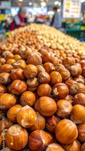 Obraz Close-up shows a pile of shiny brown hazelnuts at a grocery store with blurred shoppers