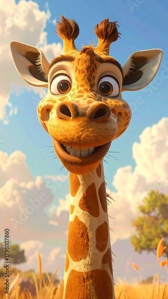 Fototapeta A charming, cartoon giraffe with a big smile, standing in a sunny field. The image showcases the giraffe's long neck and spotted fur