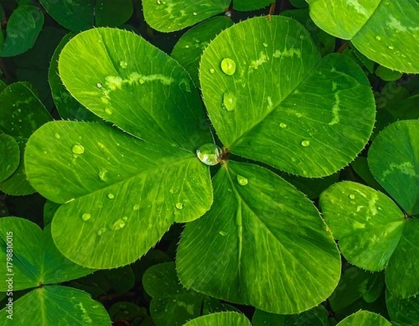 Obraz Close-up shows a vibrant, four-leaf clover covered in glistening droplets of water