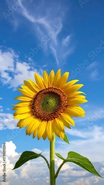Fototapeta Close-up view of a bright, yellow sunflower against a brilliant blue sky with clouds