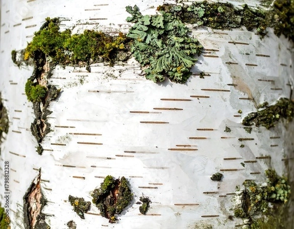 Obraz Close-up shows bark on a birch tree with moss and lichen details. Light & airy tone