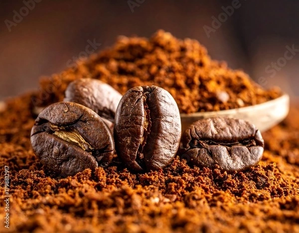 Obraz Closeup shows coffee beans and grounds, brown, earthy, rustic, warm. Shallow depth of field